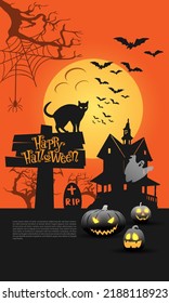Happy Halloween trick or treat night party poster yellow moon on orange design for holiday festival celebration vector illustration.