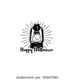 happy halloween. trick or treat. night party lable with lamp. Burning lantern isolated on white background
