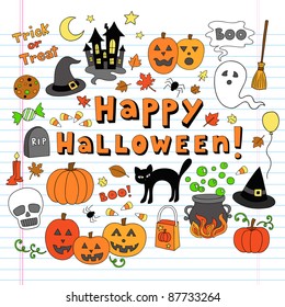 Happy Halloween Trick or Treat Notebook Doodles- Hand Drawn Holiday Design Elements Set on White Lined Sketchbook Paper Background- Vector Illustration