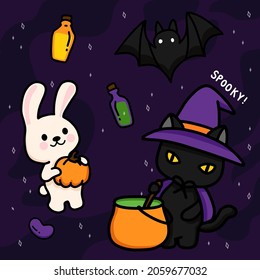 Happy Halloween (trick or treat) object element party for invitation background. Vector illustration Halloween night oject rabbit, bat and cat cook poison for designer create banner or web page.