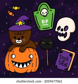 Happy Halloween (trick or treat) object element party for invitation card. Illustration Halloween night oject bear, candy, cat, hat, skull, book, and tombstone for designer create banner or web page.