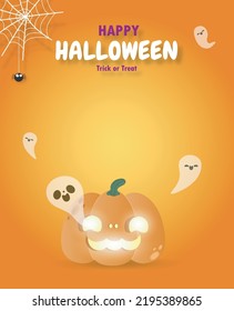 Happy Halloween trick or treat paper cut style pumpkins and ghost, fun party celebration invitation banner template, poster background Vector illustration