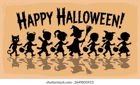 Happy halloween trick or treat parade with children and a cat silhouette