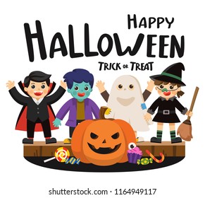 Happy Halloween and Trick or Treat Party. Children in colorful costumes and pumpkins with candy.
Template for advertising brochure.