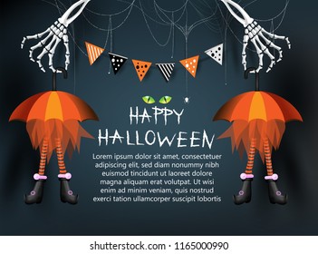 Happy halloween trick or treat party decoration background illustration,invitation card for holidays with hand bone cobweb and spider cartoon art design copy space with Text Banner, Vector