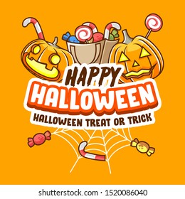 Happy Halloween trick or treat party invitation banner poster for social media illustration vector. spooky pumpkin and candy illustration.