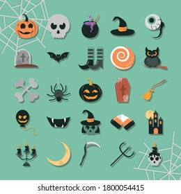 happy halloween, trick or treat party celebration flat icons set vector illustration
