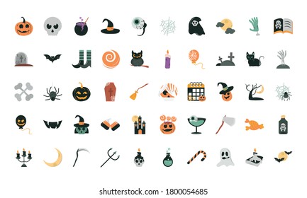 happy halloween, trick or treat party celebration flat icons set vector illustration