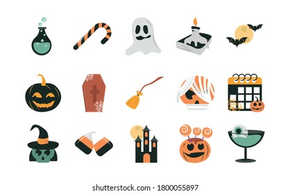 happy halloween, trick or treat party celebration flat icons set vector illustration