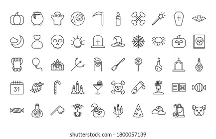 happy halloween, trick or treat party celebration linear icons set vector illustration