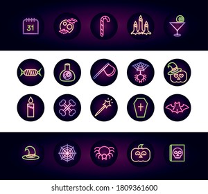 happy halloween, trick or treat party celebration candle calendar spell coffin neon icons set vector illustration