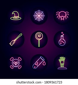 happy halloween, trick or treat party celebration hat cobweb spider skull bones candy neon icons set vector illustration