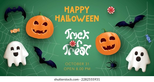 Happy Halloween "Trick or Treat" party invitation template with pumpkin, flying bat, ghosts, spider, web and candy. Vector banner for invitation, sale, discount, website, background, social media, ad.
