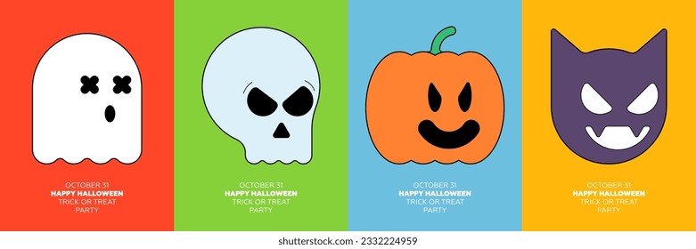 Happy Halloween trick or treat party poster set with geometric characters. October 31 holiday event. Pumpkin, skull, bat and ghost minimalistic graphic mascots on colourful cover. Trendy vector print