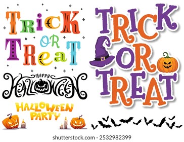 Happy Halloween, Trick or Treat, and Halloween Party Text Sets, Spooky Typography Designs, Festive Halloween Decor, Eerie Party Lettering Elements