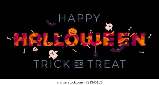 Happy Halloween trick or treat party banner or invitation poster design template. Vector orange monster ghosts and Halloween pumpkin for spooky holiday celebration greeting card text
