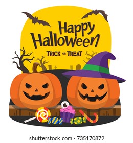 Happy Halloween and Trick or Treat Party. Pumpkins with candy under the moonlight
Template for advertising brochure.