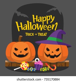 Happy Halloween and Trick or Treat Party. Pumpkins with candy under the moonlight
Template for advertising brochure.