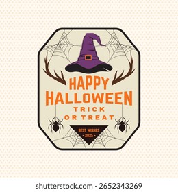 Happy Halloween. Trick or treat patch design. Vector illustration. For holiday Halloween design sticker, shirt, logo, badge, decorations, cards, banner with wizard hat, spiders and horns silhouette.