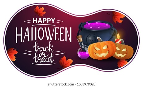 Happy Halloween, trick or treat, pink postcard with witch's cauldron and pumpkin Jack. Greeting postcard with lettering