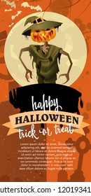 Happy Halloween trick or treat poster design with spooky  straw man.Calligraphy with straw man with pumpkin head, full moon on orange background. Can not  be used for  banners,posters. 