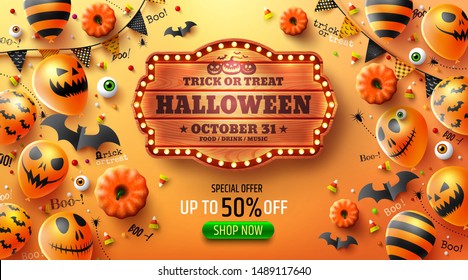 Happy Halloween trick or treat poster with Halloween Ghost Balloons.Scary air balloons and Halloween Elements.Website spooky,Background or banner Halloween template.Vector illustration EPS10