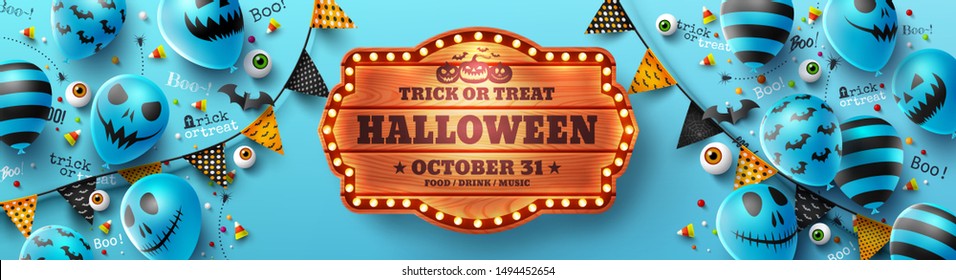 Happy Halloween trick or treat poster with Halloween Ghost Balloons.Scary air balloons and Halloween Elements.Website spooky,Background or banner Halloween template.Vector illustration EPS10