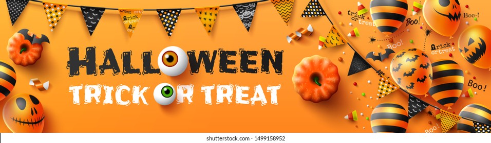 Happy Halloween trick or treat poster with Scary air balloons and Halloween Elements. Website spooky,Background or banner Halloween template.Vector illustration EPS10