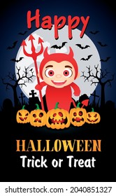 Happy Halloween Trick or Treat poster with kid in costume devil. Halloween greeting card. Vector illustration