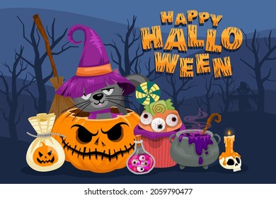 Happy Halloween (trick or treat) Poster for invitation. Illustration Halloween night Poster Pumpkin, broom, lolipop, eye, black cat, poison, pot, skull, candle for designer create banner or web page.