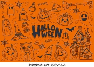 Happy Halloween (trick or treat) Poster invitation. Illustration Halloween night Poster Pumpkin, poison, pot, candy, poison, skull, candle, web, flag, castle, house for designer create banner web page