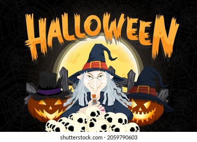 Happy Halloween (trick or treat) Poster for invitation. Illustration Halloween night Poster Pumpkin, moon, witch, skull, hat, web, defend for designer create banner web page