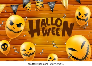 Happy Halloween (trick or treat) Poster for invitation. Illustration Halloween night Poster Balloon, confeti wood, plank, flag, web, bat, skull for designer create banner web page