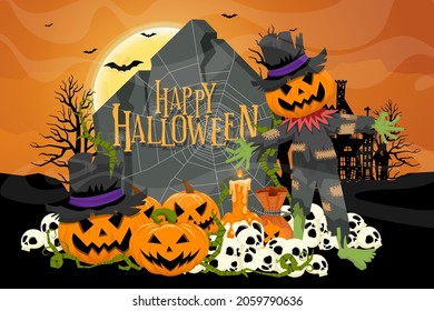 Happy Halloween (trick or treat) Poster for invitation. Illustration Halloween night Poster Pumpkin, skull, candle, hat, scarecrow, tombstone, web, castle for designer create banner web page