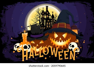 Happy Halloween (trick or treat) Poster for invitation. Illustration Halloween night Poster Castle, pumpkin, skull, hat, candle, cross, tower, moon for designer create banner web page