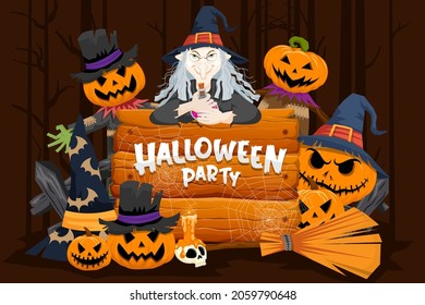 Happy Halloween (trick or treat) Poster for invitation. Illustration Halloween night Poster Broom, pumpkin, skull, witch, hat, poison, scarecrow, poison, web, tree for designer create banner web page