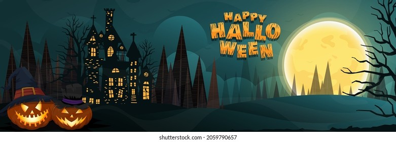 Happy Halloween (trick or treat) Poster for invitation. Illustration Halloween night Poster Castle, pumpkin, hat, tree, cloud, moon, hill for designer create banner or web page