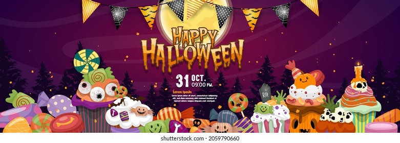 Happy Halloween (trick or treat) Poster for invitation. Illustration Halloween night Poster Tree, flag, moon, dessert, candy, eye, candle, skull, tombstone for designer create banner or web page