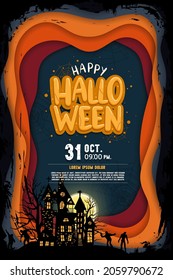 Happy Halloween (trick or treat) Poster for invitation. Illustration Halloween night Poster Castle, tree, undead, moon, web, frame for designer create banner or web page
