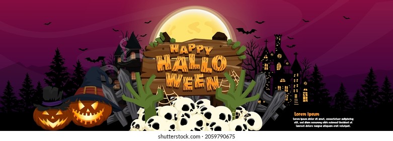 Happy Halloween (trick or treat) Poster for invitation. Illustration Halloween night Poster Castle, pumpkin, skull, tree, hat, moon, bat, defend, tree for designer create banner or web page