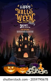 Happy Halloween (trick or treat) Poster for invitation. Illustration Halloween night Poster Castle, pumpkin, skull, tree, pot, poison, staff, moon, bat, candle for designer create banner or web page