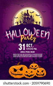 Happy Halloween (trick or treat) Poster for invitation. Illustration Halloween night Poster Castle, pumpkin, die, tree, undead, moon, bat for designer create banner or web page