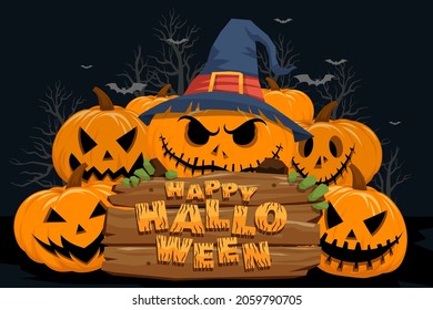 Happy Halloween (trick or treat) Poster for invitation. Illustration Halloween night Poster Castle, pumpkin, skull, tree, undead, moon, bat for designer create banner or web page