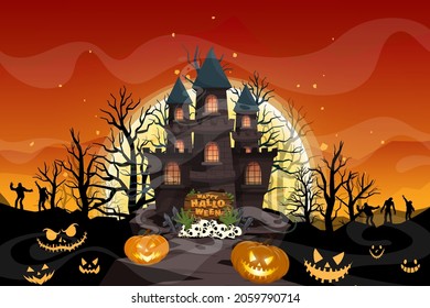 Happy Halloween (trick or treat) Poster for invitation. Illustration Halloween night Poster Castle, pumpkin, skull, tree, undead, moon, bat for designer create banner or web page