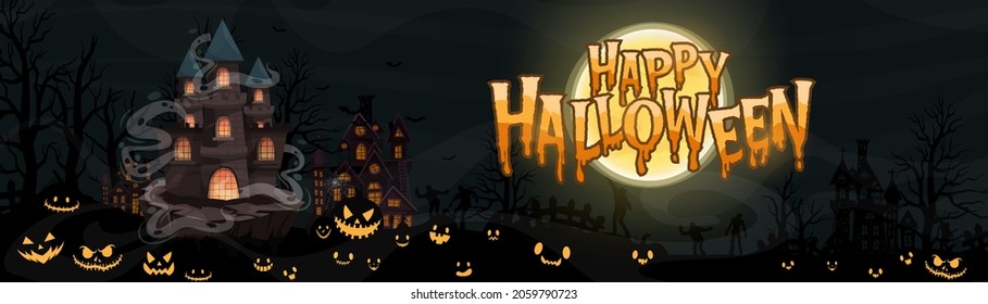 Happy Halloween (trick or treat) Poster for invitation. Illustration Halloween night Poster Castle, pumpkin, defend, tree, undead, moon, bat for designer create banner or web page