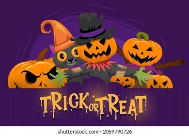 Happy Halloween (trick or treat) Poster for invitation. Illustration Halloween night Poster Pumpkin, black cat, scarecrow, hat,undead, staff for designer create banner or web page