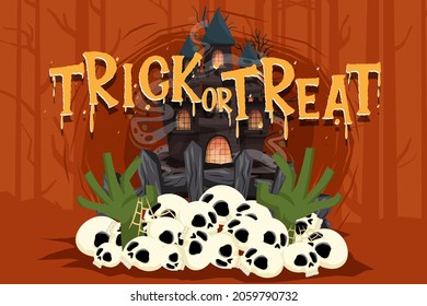 Happy Halloween (trick Or Treat) Poster For Invitation. Illustration Halloween Night Poster Skull, Castle, Hand, Undead, Defend, Fog, Tree, Web For Designer Create Banner Or Web Page