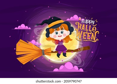 Happy Halloween (trick or treat) Poster for invitation. Illustration Halloween night Poster Witch, broom, fog, flying, moon, magic for designer create banner or web page