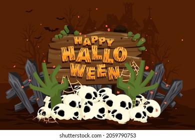 Happy Halloween (trick Or Treat) Poster For Invitation. Illustration Halloween Night Poster Skull, Web, Hands Banner, Defend, Castle, Bat, Cross, Die Tree For Designer Create Banner Or Web Page.