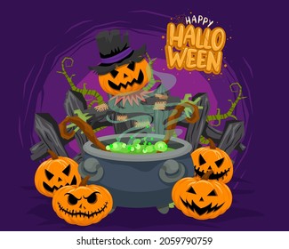 Happy Halloween (trick Or Treat) Poster For Invitation. Illustration Halloween Night Poster Pumpkin, Vine, Staff, Poison, Pot, Defend, Moon For Designer Create Banner Or Web Page.